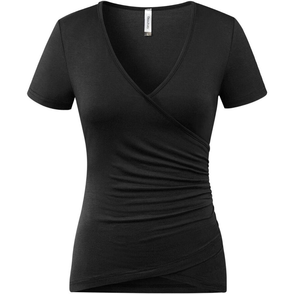Women's Deep V Neck Top Knitted Fabric Slim Fit Pleated Wrap Blouse